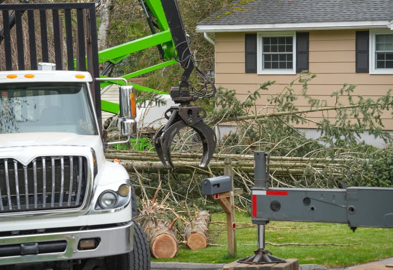 Tree trunk removed by crane in residential area